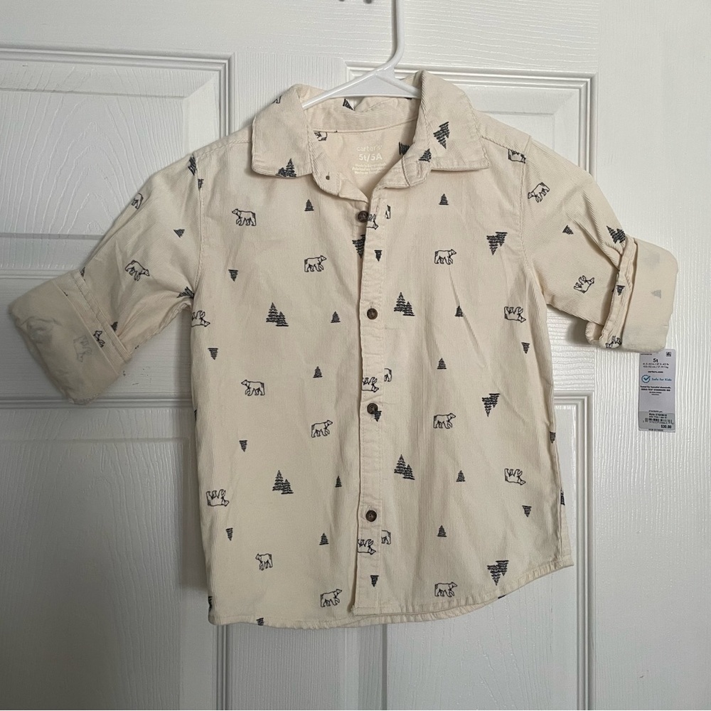 NWT Carter’s Corduroy Kids Cream Shirt with Bear and Trees Print size 2T or 5T